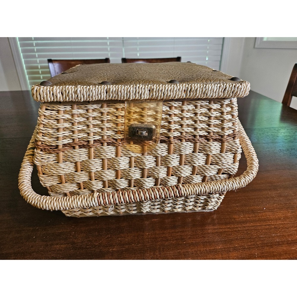 Sewing Basket Women Tan Beige Woven Wicker Padded Top Vintage